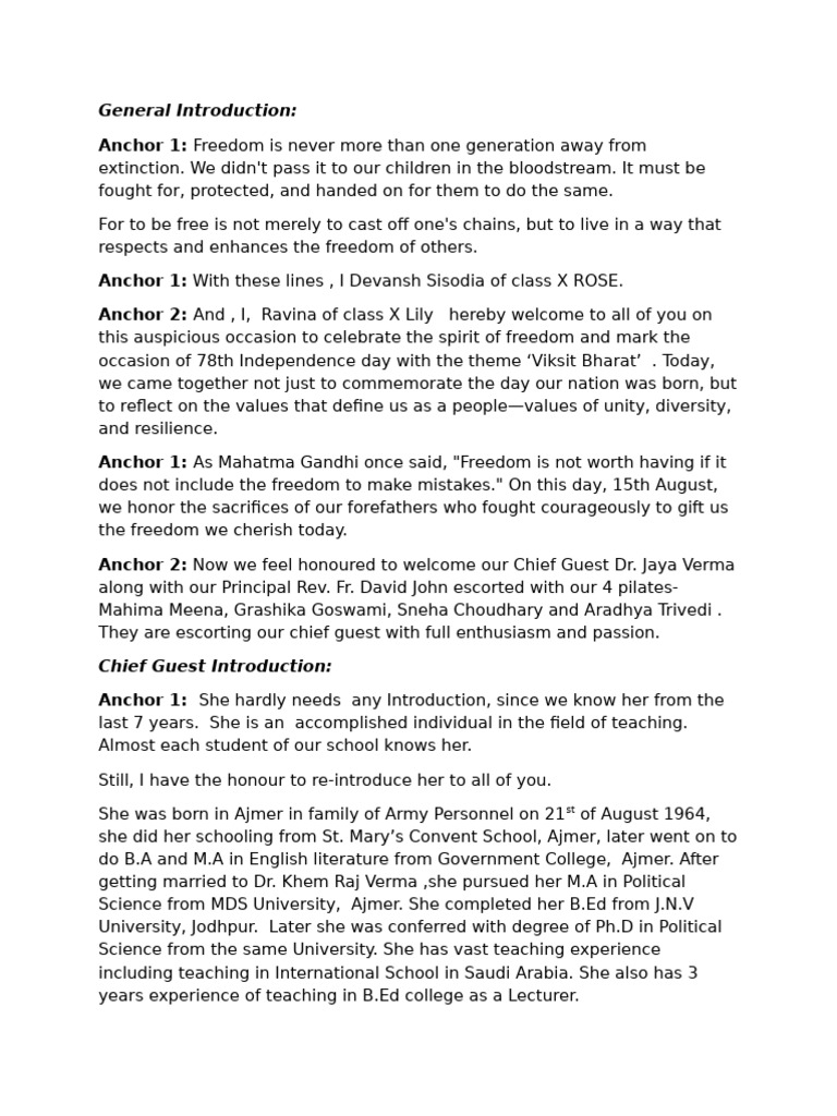 Independence Day Anchoring Script | PDF