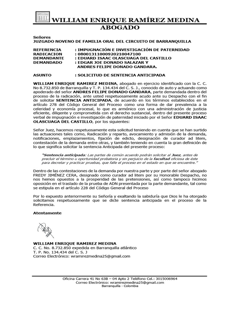 Solicitud de Sentencia Anticipada en Paternidad | PDF | Sentencia (ley