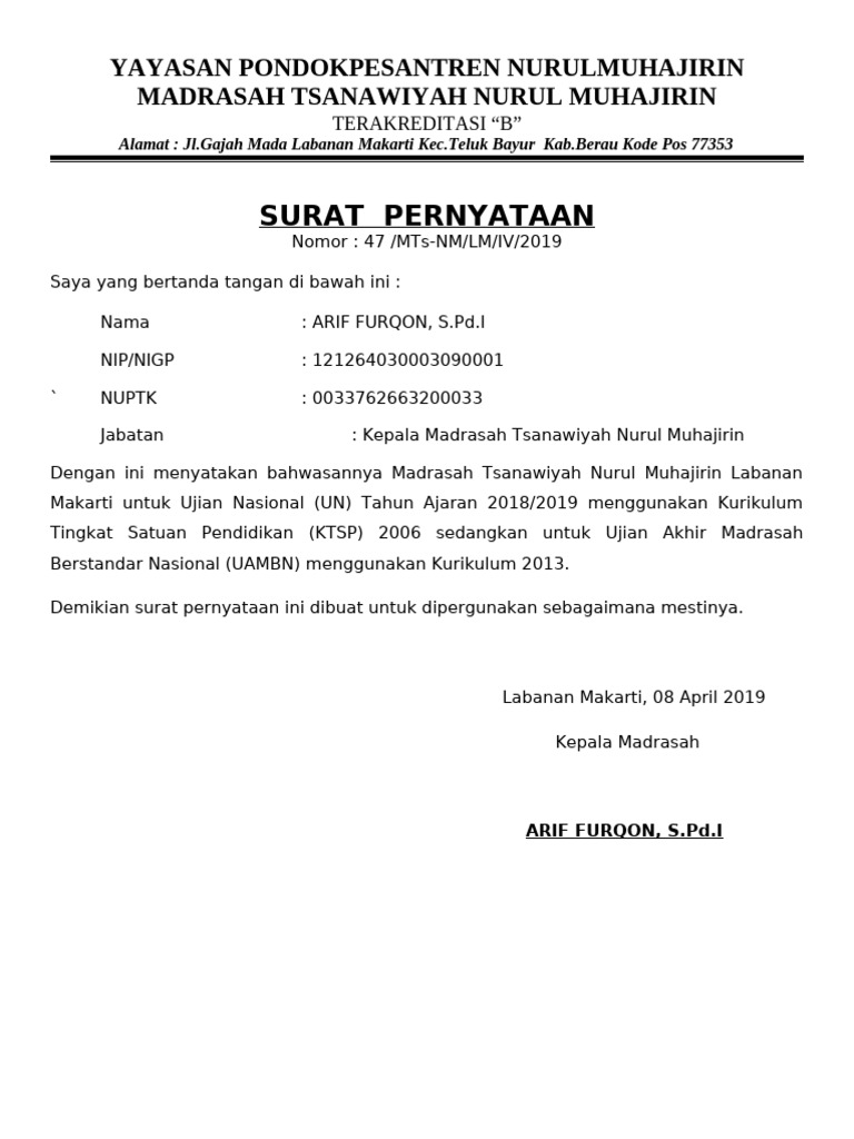 Surat Pernyataan Mengunakan Kurikulum Pdf