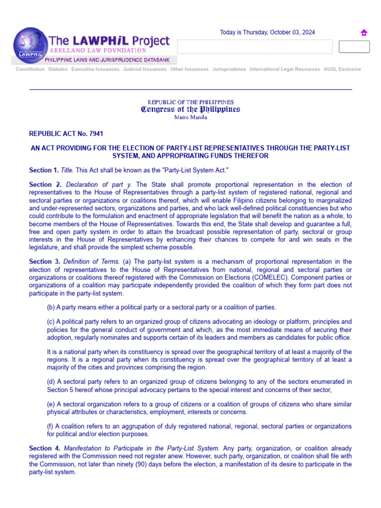 R.A. 7941 | PDF | Voting | Political Events