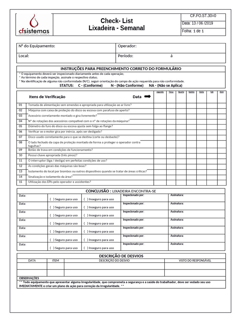 Checklist Semanal de Lixadeira | PDF