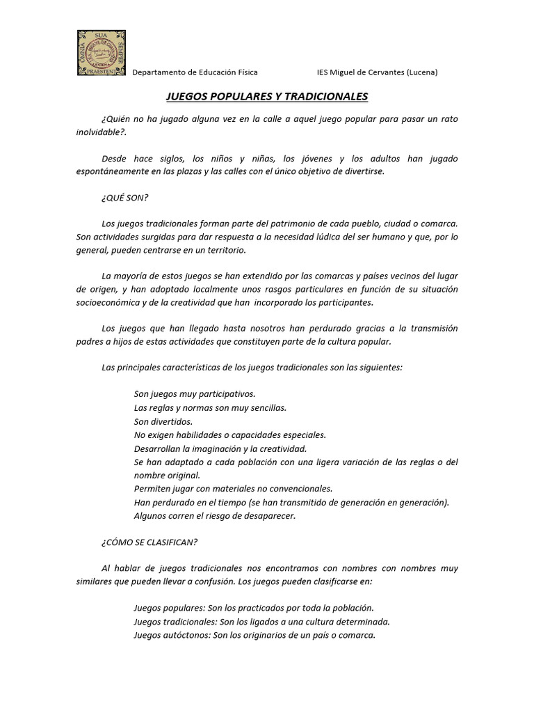 Apuntes Juegos Populares y Tradicionales | PDF