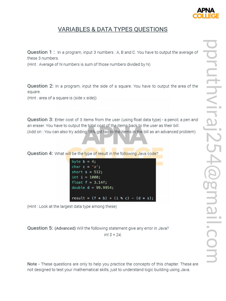 Java Variables and Data Types Quiz | PDF | Computers