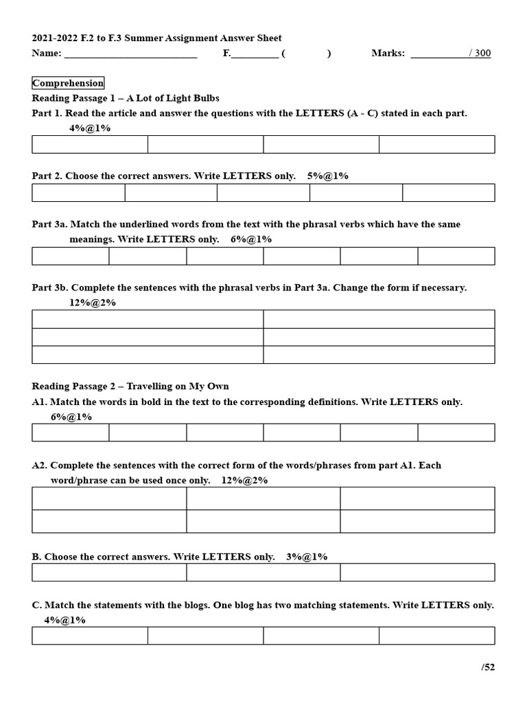 (2A) F2 English Summer Assignment - Answer Sheet (For Printing) | PDF ...