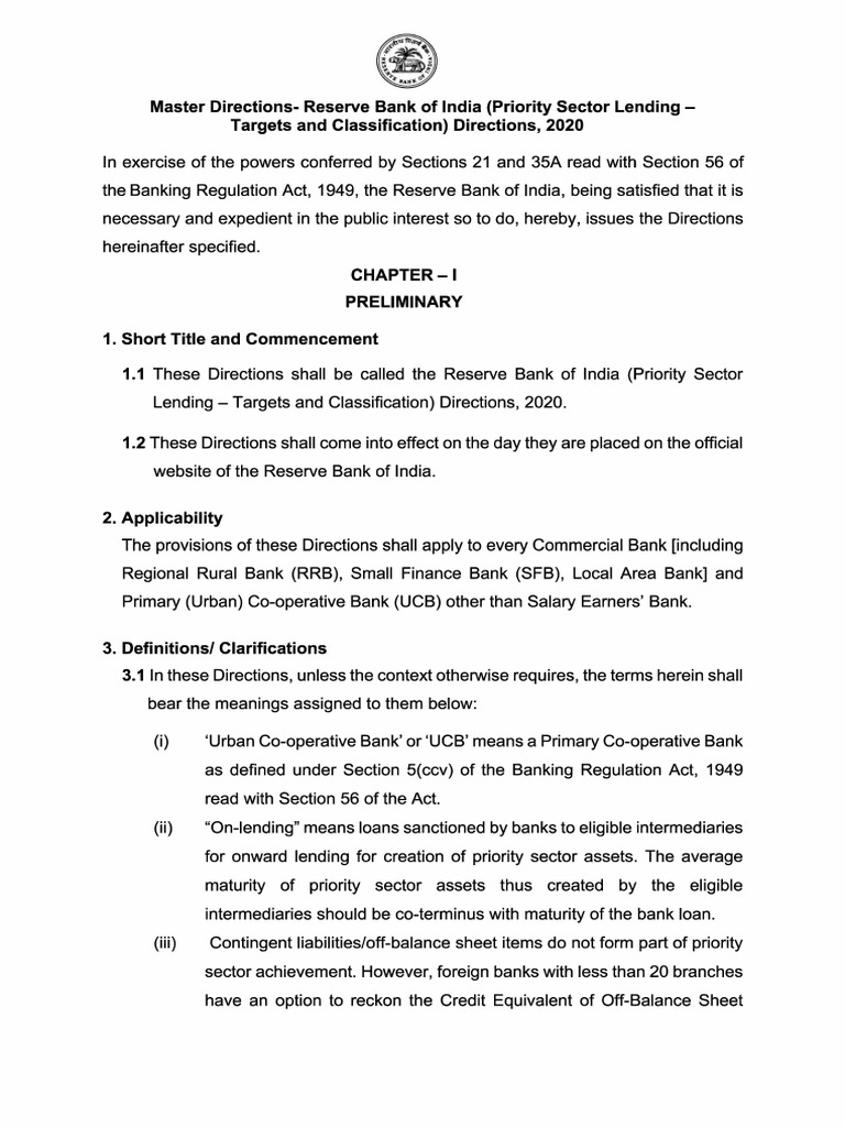 RBI Priority Sector Lending Guidelines | PDF | Banking | Financial Services
