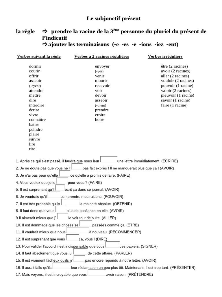 Tableau du subjonctif présent | PDF | Verbe