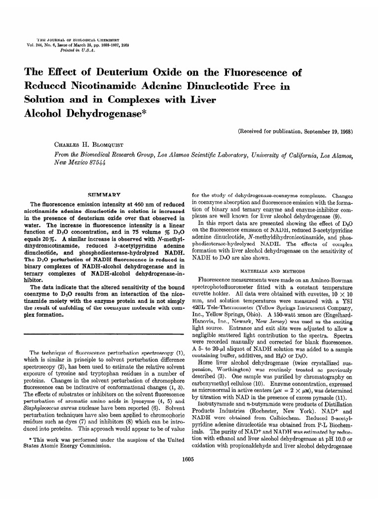 Deuterium Oxide's Impact on NADH Fluorescence | PDF | Nicotinamide ...