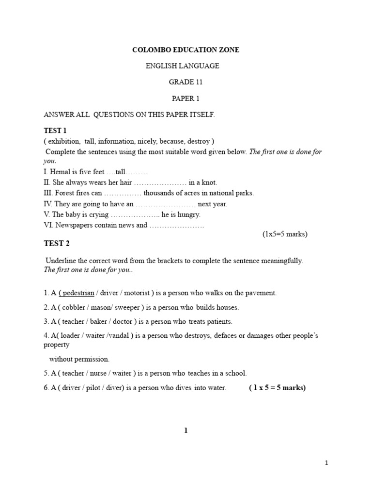 Benglish Language Grade 11 B | PDF