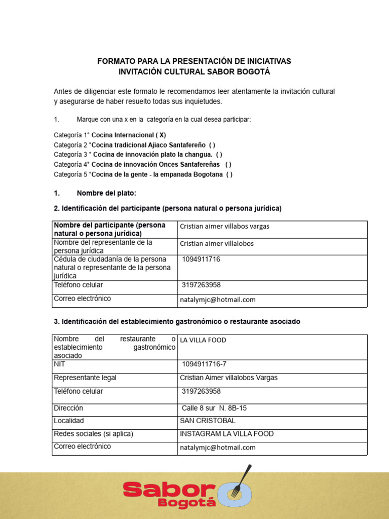 Formato para Iniciativas Culinarias Bogotá | PDF | Artes culinarias ...
