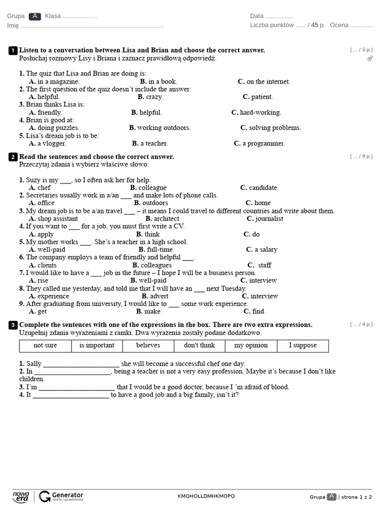 UNIT 1 TEST Test (Z Widoczną Punktacją) | PDF