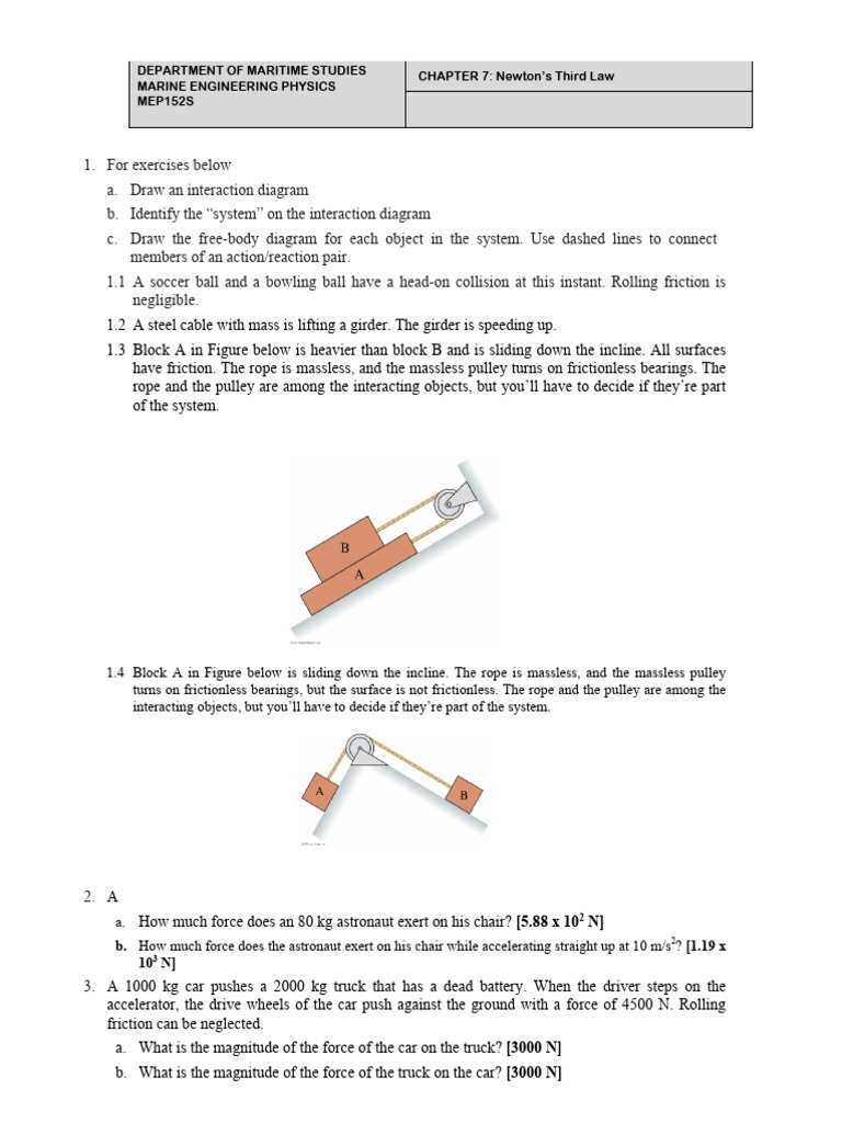 Newton's Third Law Exercises and Examples | PDF | Force | Tension (Physics)