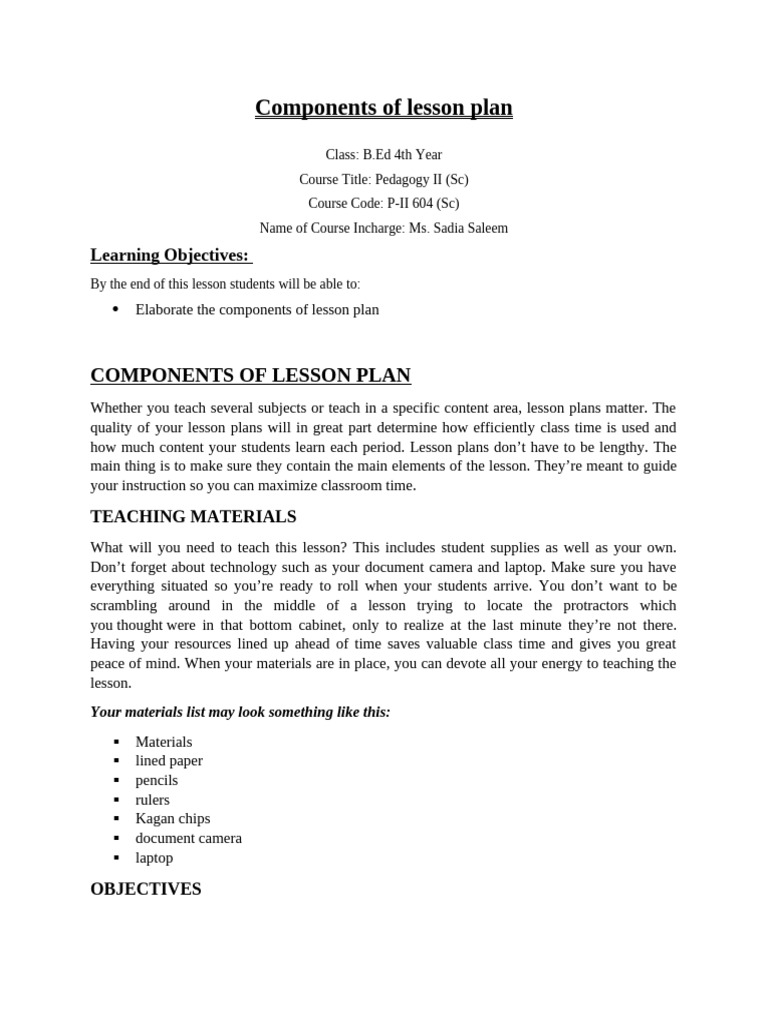 Components of Lesson Plan 00 | PDF | Lesson Plan | Teachers