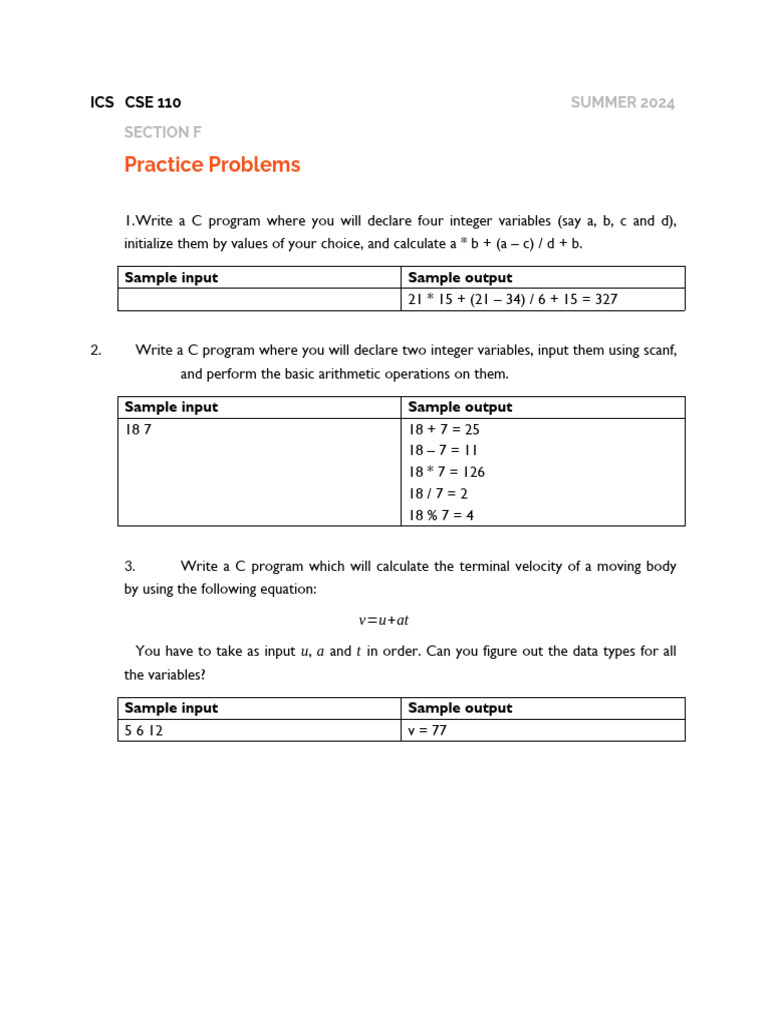 C Practice Problems for Summer 2024 | PDF | Computer Science | Computing