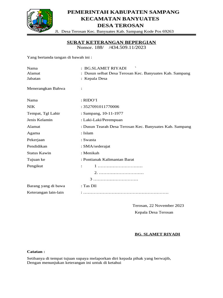 Surat Keterangan Bepergian Desa Terosan | PDF