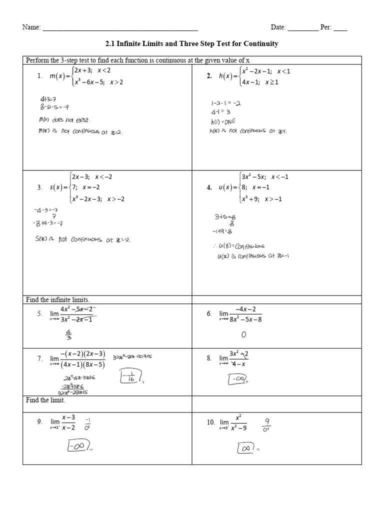Infinite Limits and Continuity Test Guide | PDF | Teaching Methods ...