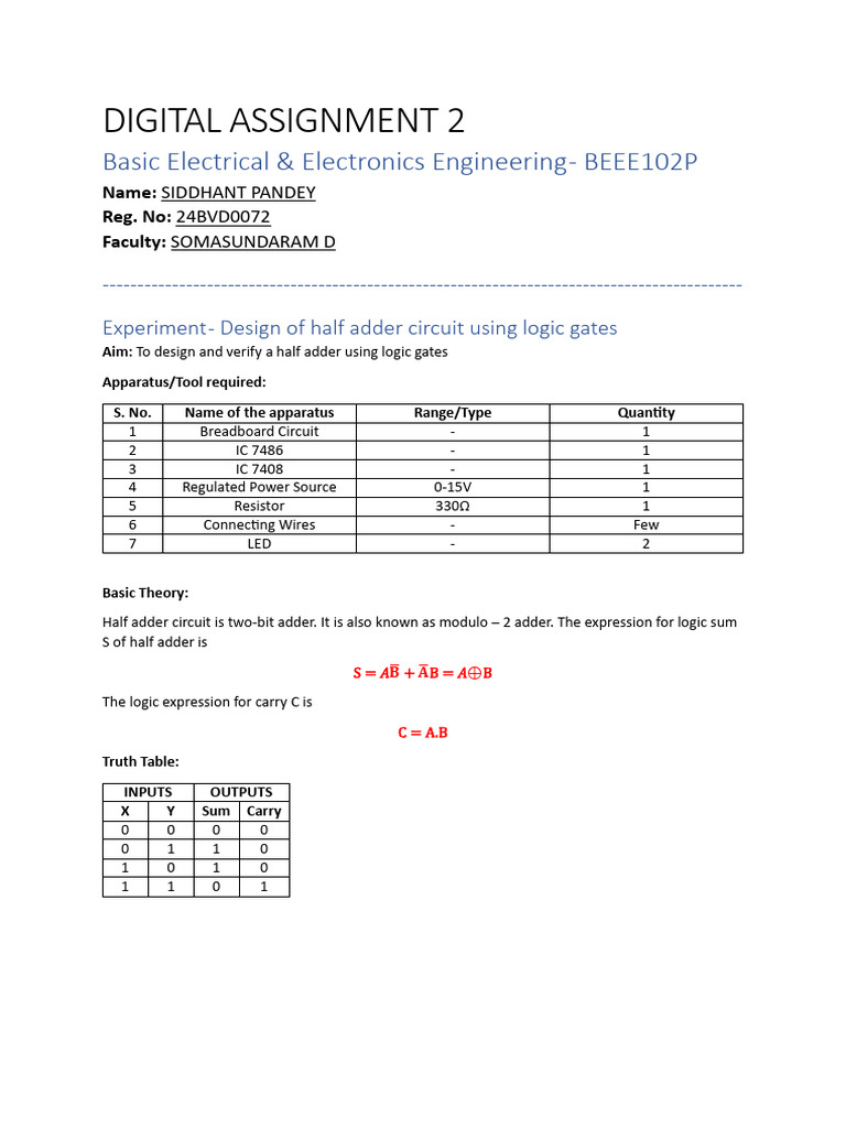 Half Adder Circuit Design Experiment | PDF | Electronic Circuits ...