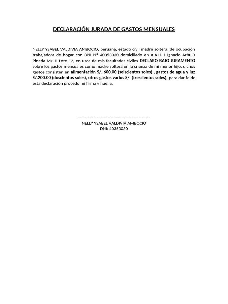 DECLARACIÓN JURADA DE GASTOS MENSUALES | PDF