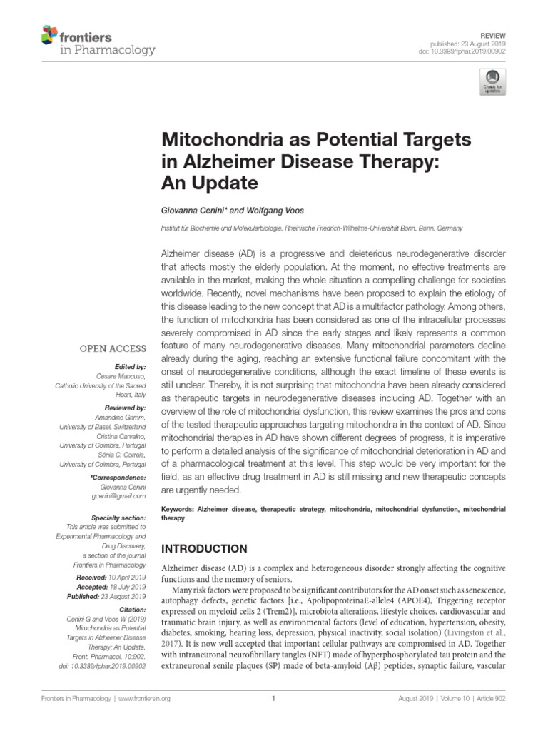 Artigo 1 Mitochondria As Potential Targets in Alzheimer | PDF ...