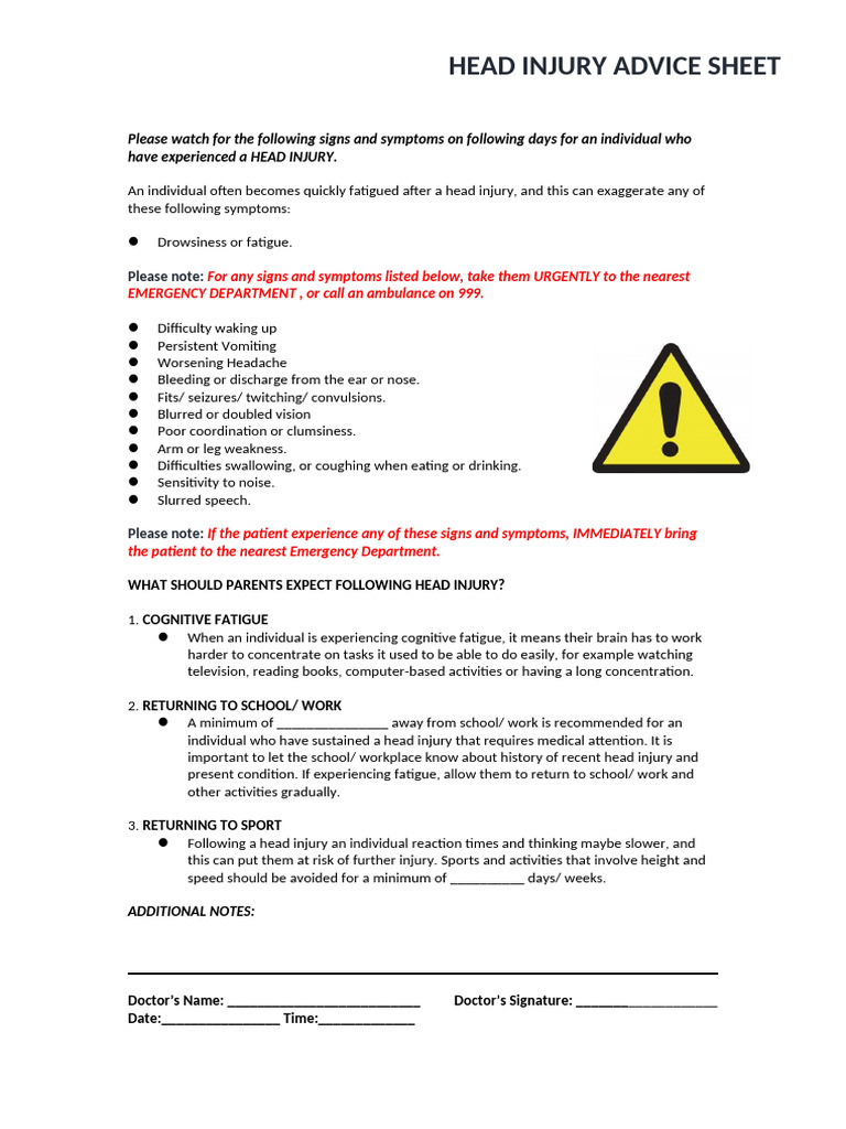Head Injury Instruction Paper | PDF