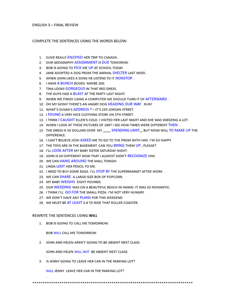 English 3 Final Review Exercises | PDF | Verb | Syntax