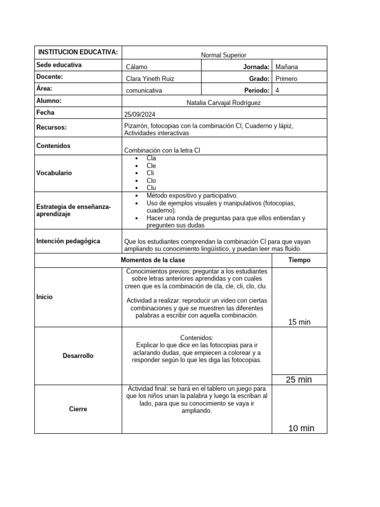 Plan de Clase Combinacion CL | PDF | Comunicación humana | Enseñando