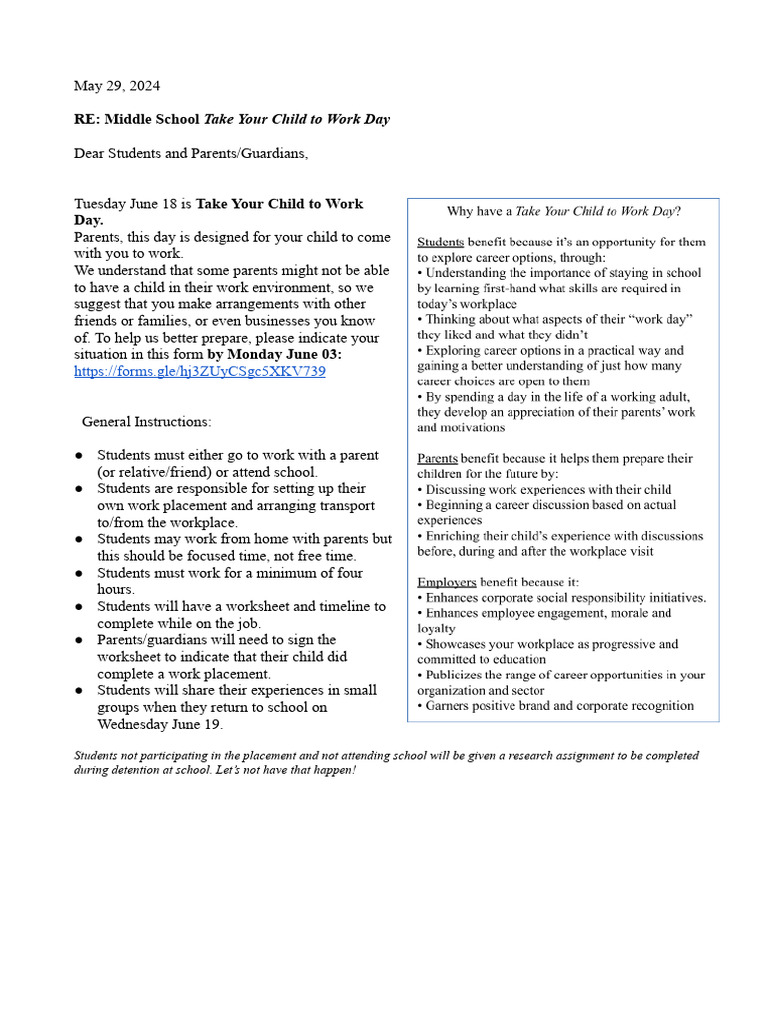 Middle School Take Your Child to Work Day | PDF | Wellness