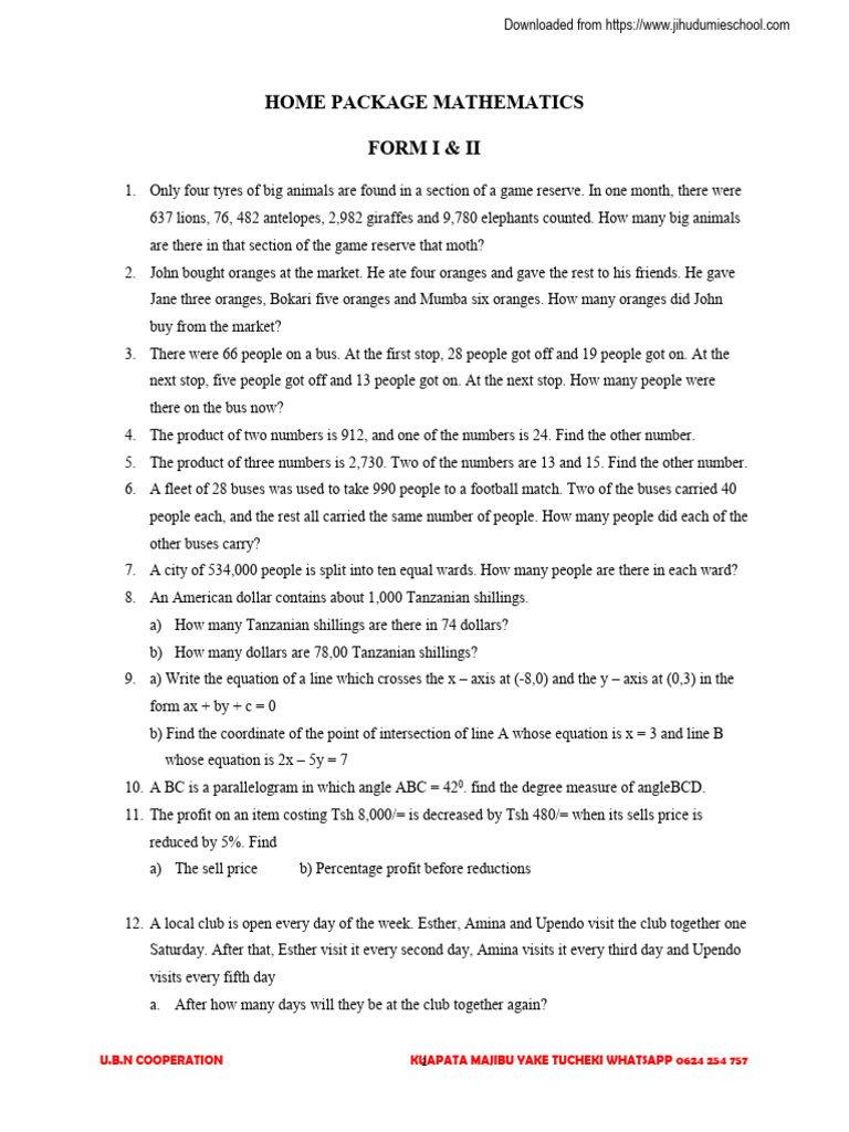 Mathematics Problem Solutions for Form I & II | PDF | Area | Circle