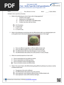 IB Style Test SL/HL Topic B2.3 Cell Specialisation