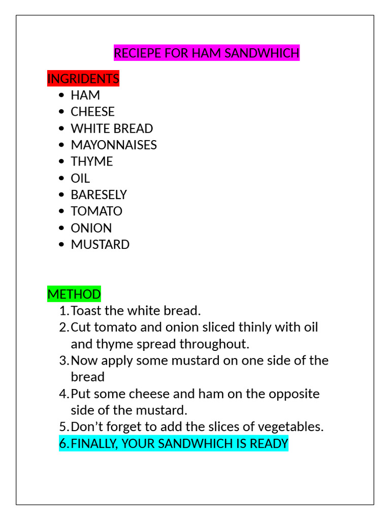 Reciepe For Ham Sandwhich | PDF | Cooking, Food & Wine