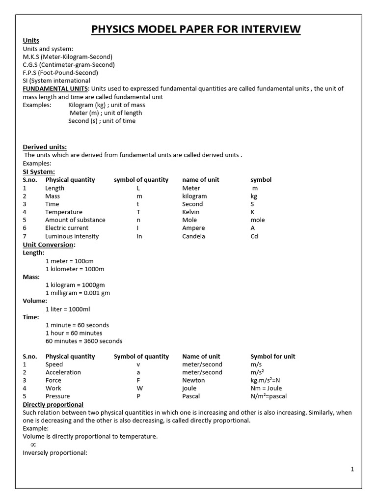 Physics Interview Model Paper Guide | PDF | Force | Capacitance