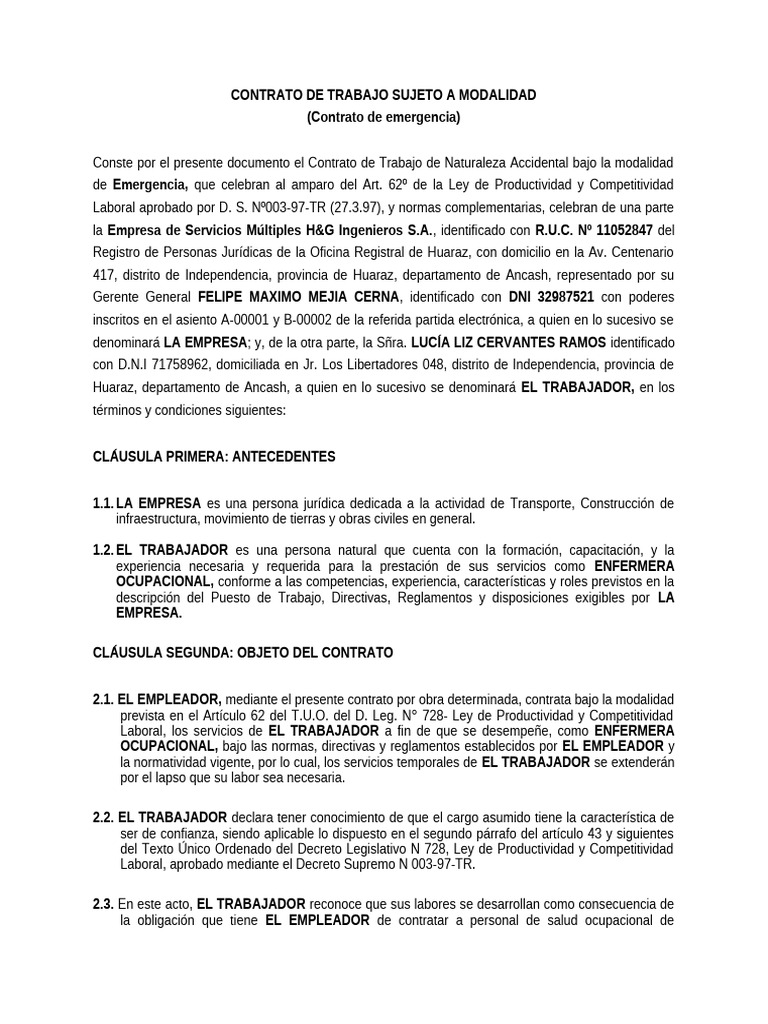 Contrato de Emergencia para Enfermera | PDF | Derecho laboral ...