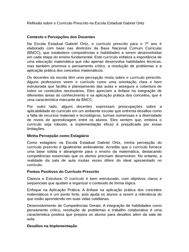 Reflexão sobre o Currículo Prescrito na Escola Estadual Gabriel Ortiz ...