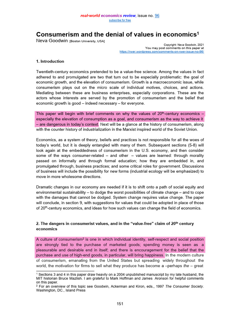 Goodwin Neva (2021) Consumerism and The Denial of Values in Economics ...