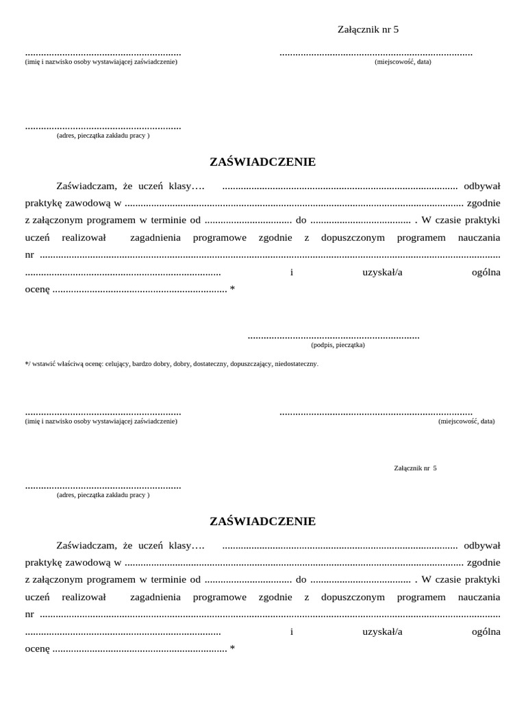 Za NR 5 Za wiadczenie O Odbyciu Praktyk Zawodowych PDF