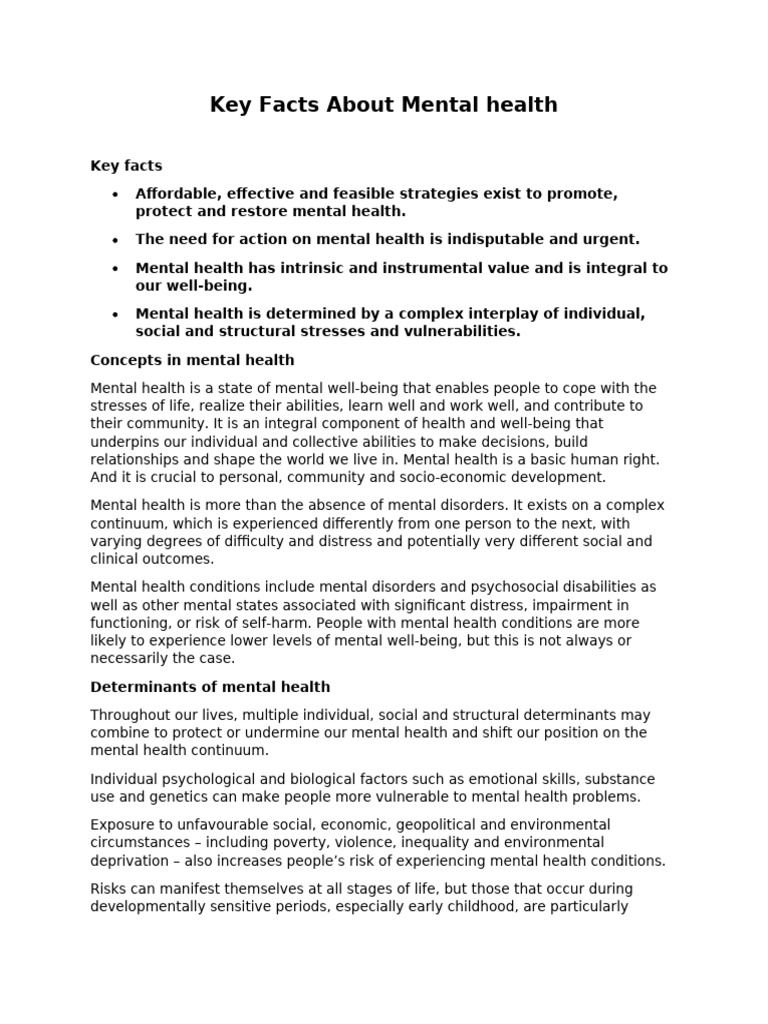 Key facts about mental health pdf mental health mental disorder