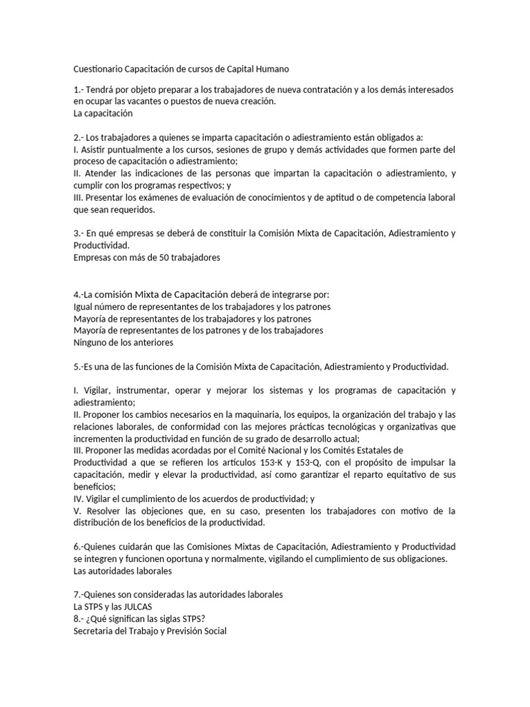 Cuestionario Capacitación de cursos de Capital Humano | PDF | Business