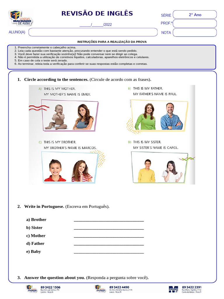 Prova de Inglês para 2° Ano: Instruções e Questões | PDF