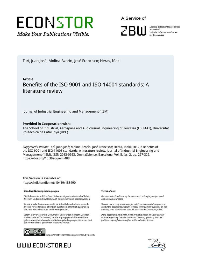Benefits of The ISO 9001 and ISO 14001 Standards: A Literature Review ...