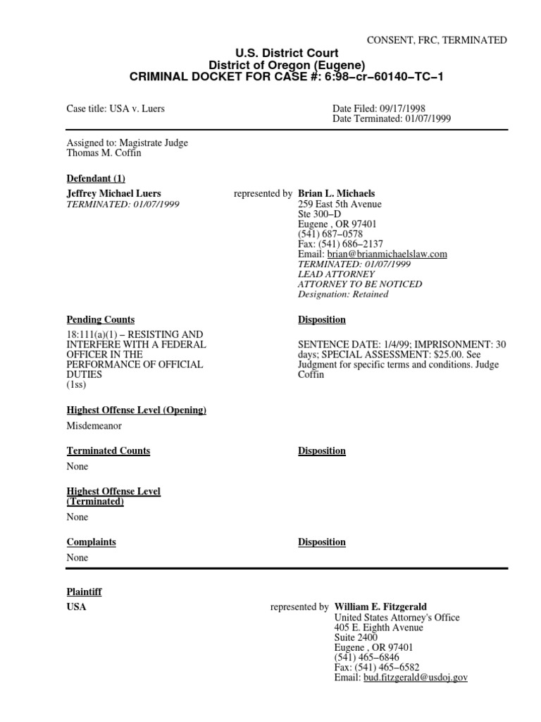 Luers Docket Report | PDF | Arraignment | United States Magistrate Judge