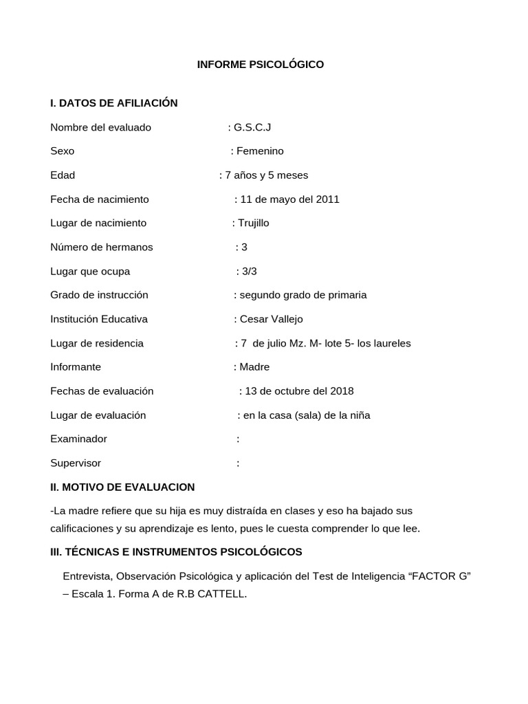 Informe Psicológico de Evaluación Infantil | PDF | Cociente de ...