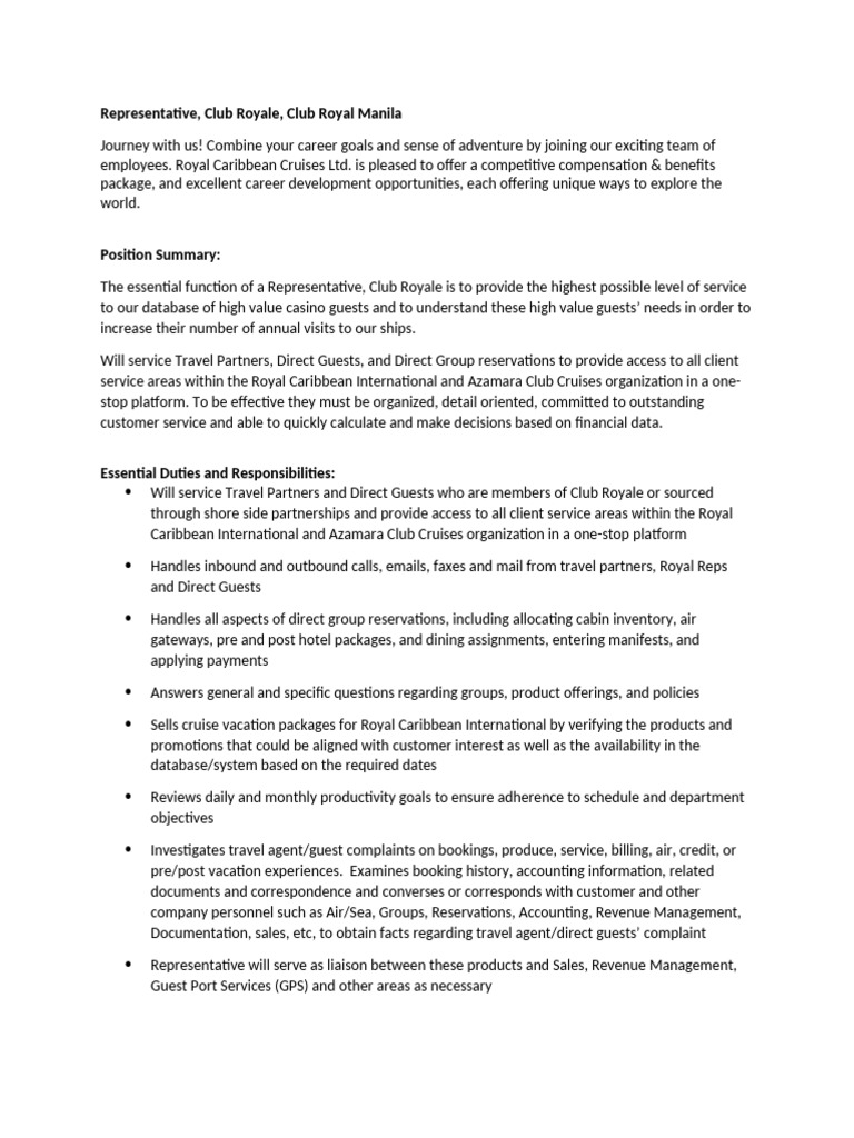 Club Royale Representative Job Overview | PDF | Discrimination | Harassment