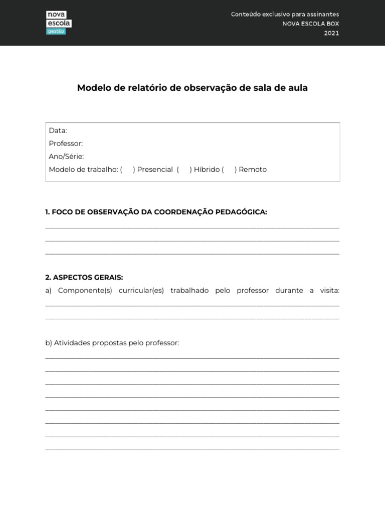 Modelo de Relatório de Observação Escolar | PDF | Pedagogia | Lição