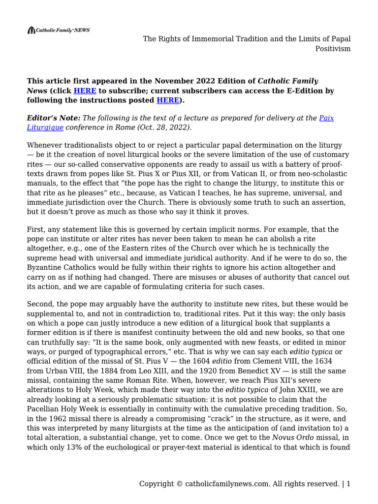 The Rights of Immemorial Tradition and The Limits of Papal Positivism ...