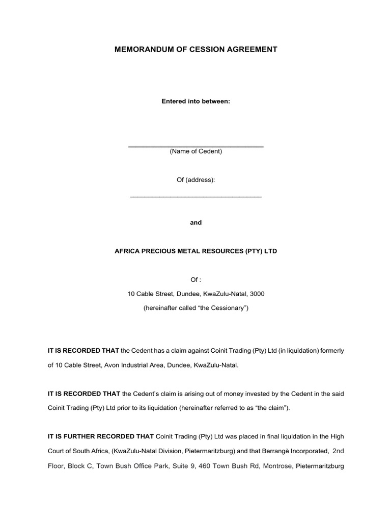 Africa Precious Metal Cession Agreement | PDF | Civil Law (Legal System ...