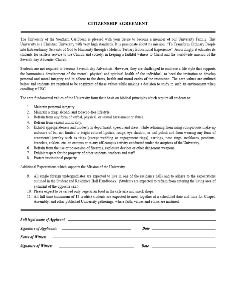 Citizenship Agreement Form | PDF | Seventh Day Adventist Church