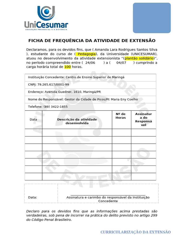 Ficha de Frequência - Atividade de Extensão | PDF