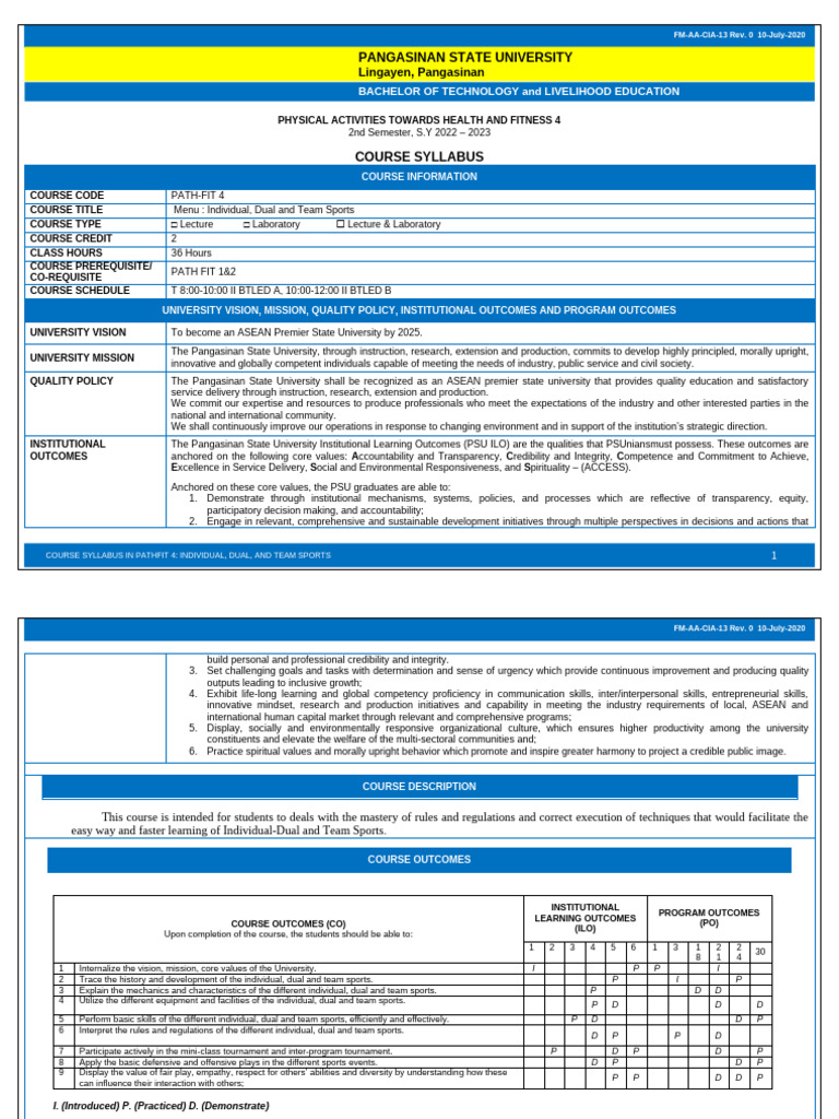 New Revised Path Fit 4 Course Syllabus Pdf Learning