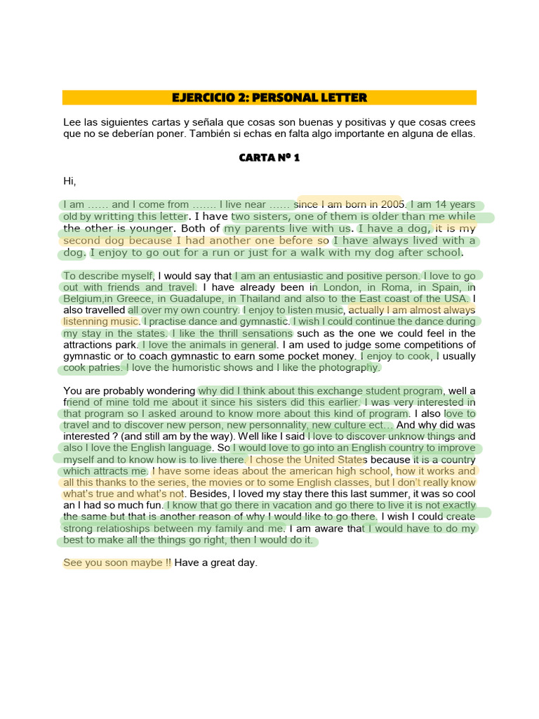 Ejercicio 2 Personal Letter | PDF | Wellness