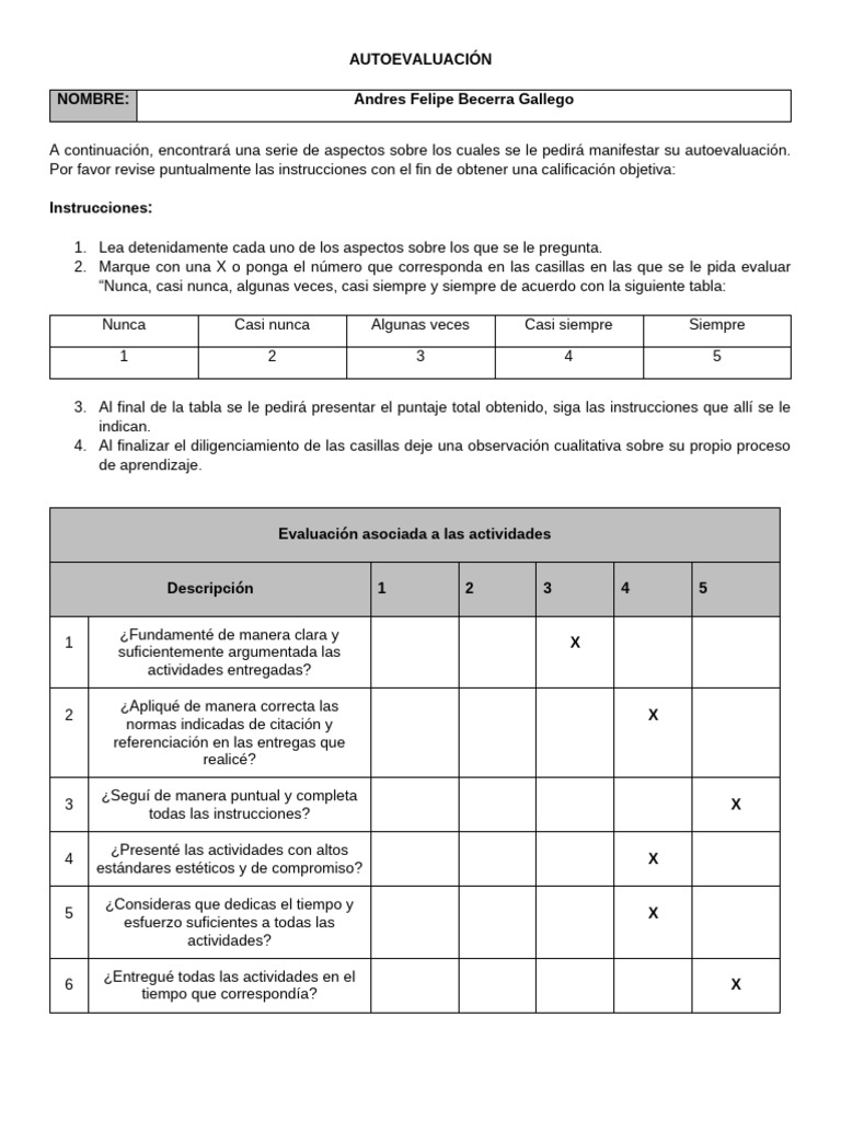 Autoevaluación Académica Personal | PDF | Aprendizaje | Modificación de ...