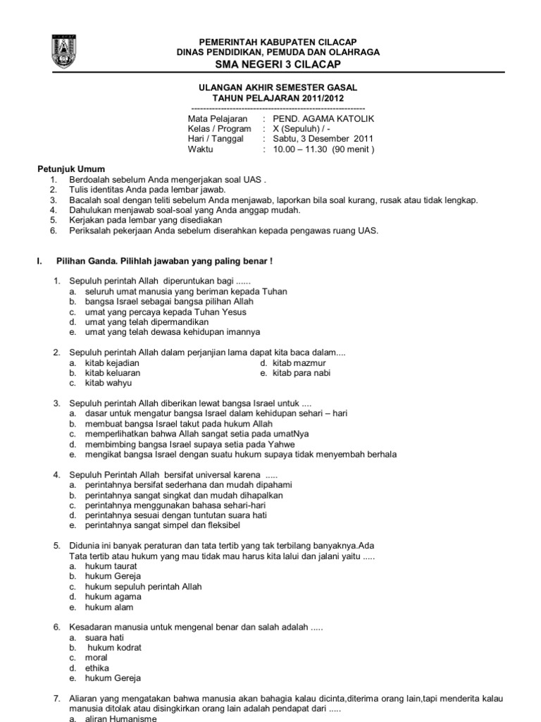 Kisi Kisi Soal Pendidikan Agama Katolik Kls 10